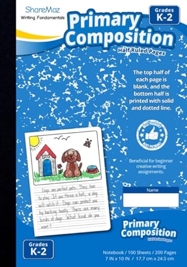 Primary Composition Notebook, Half Ruled, Azure (Dodger Blue) Cover, 200 pages: Lined Paper, Grade 2 Workbook Perfect for writing practice, Great way to teach kids to draw and write