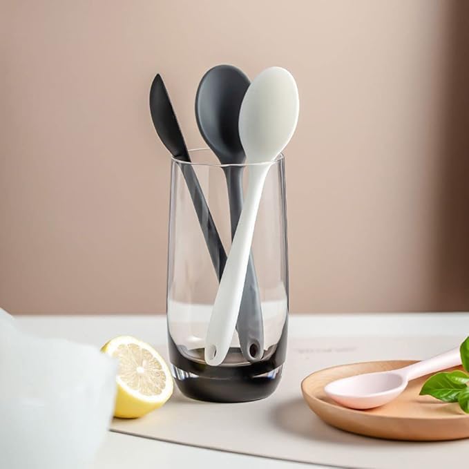 Spoon 1PC Silicone Spoon Long Handled Soup Spoon Solid Color Dessert Cake Ice Cream Spoon Kitchen Silicone Spoon Flatware Utensils Accessories(Black)