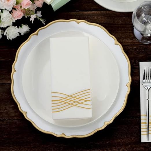 Tableclothsfactory 20 Pack | Gold Foil White Airlaid Soft Linen-Feel Paper Dinner Napkins, Disposable Hand Towels