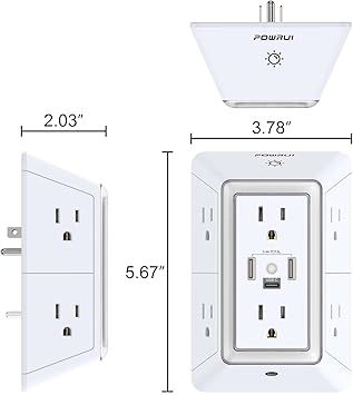Outlet Extender USB Wall Charger - POWRUI 6 AC Surge Protector Outlets with 3 USB Ports (1 USB C) and Night Light, 3-Sided Multi Plug Wall Outlet Power Strip with Spaced Outlets, ETL Listed, White