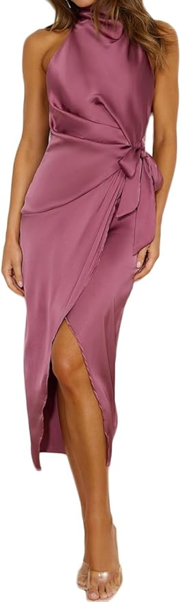 Halfisland Womens Summer Satin High Neck Sleeveless Wrap Dress Elegant Mock Neck Tie Waist Cocktail Formal Dresses