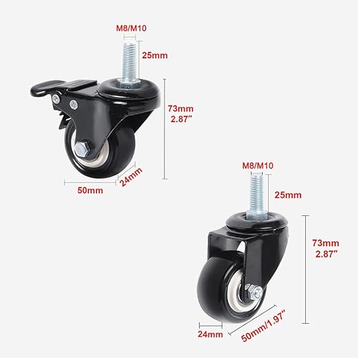 360 Degree Swivel Caster with M8M10 x 25mm Threaded Stem PU Office Chair Caster Wheels No Noise Wheels for Chair and Furniture (Color : 2 Pcs with Brake, Size : 1.5 inch)