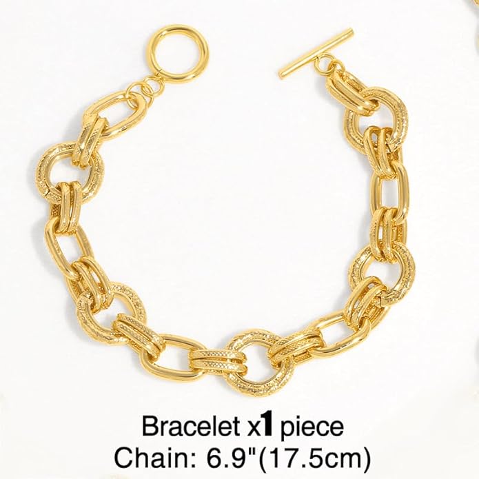Gold Plated Copper Chunky Textured Link Chain Necklace for Women, Front Toggle Clasp Choker