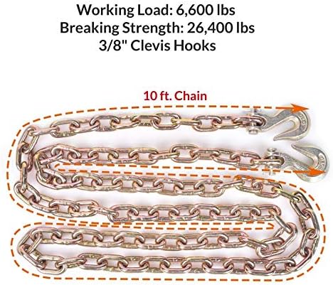 Aain 2 Pack Transport Chain with 3/8" Clevis Hooks NACM Standard Grade 70,3/8"x10', Heavy Duty Binding Chain.