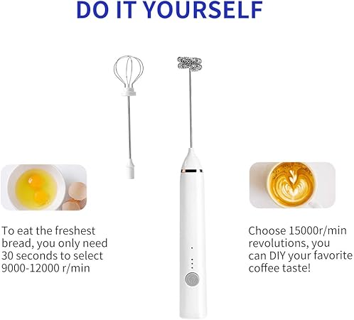 Milk Frother, Rechargeable hand-Held Electric Milk Frother 3 Adjustable USB Charging Can Be Used forBulletproof Coffee Protein Drinks Matcha Coffee Whisk (White)