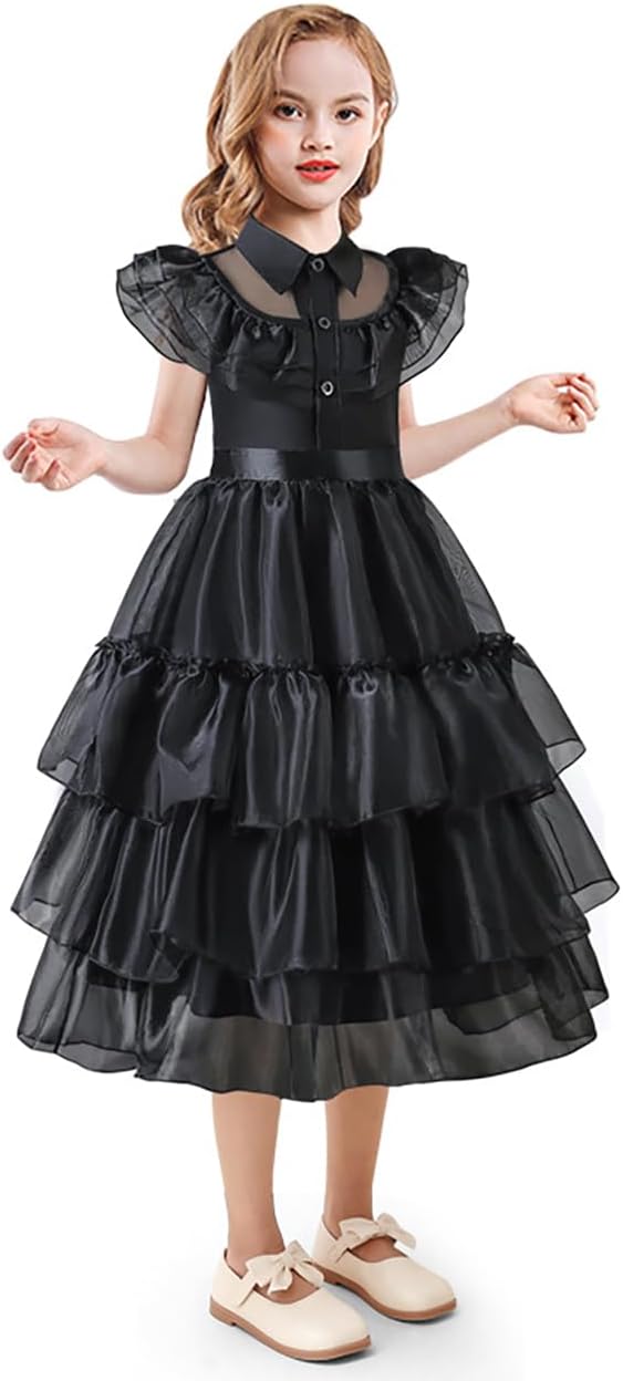 Plustrong Wednesday Addams Black Gothic Cosplay Dress for Girls Halloween Costume