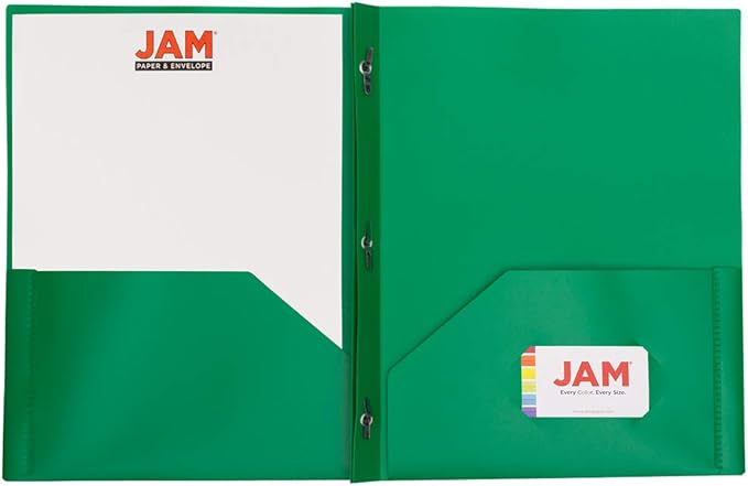 JAM PAPER Plastic Color POP Folders - 2 Pocket Durable Folders with Metal Prongs Fastener Clasps - Green - 6Pack