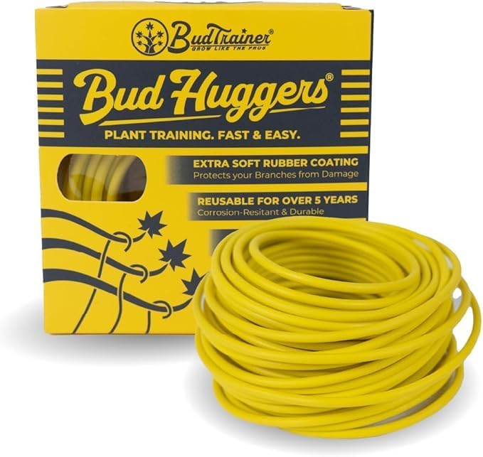 BudHuggers for Optimal Plant Training 50ft (15M) 3mm Thick Garden Wire Ties Flexible Durable Rubber Plant Ties to Yield Bigger Buds, Stronger Branches Larger Canopies (Yellow)