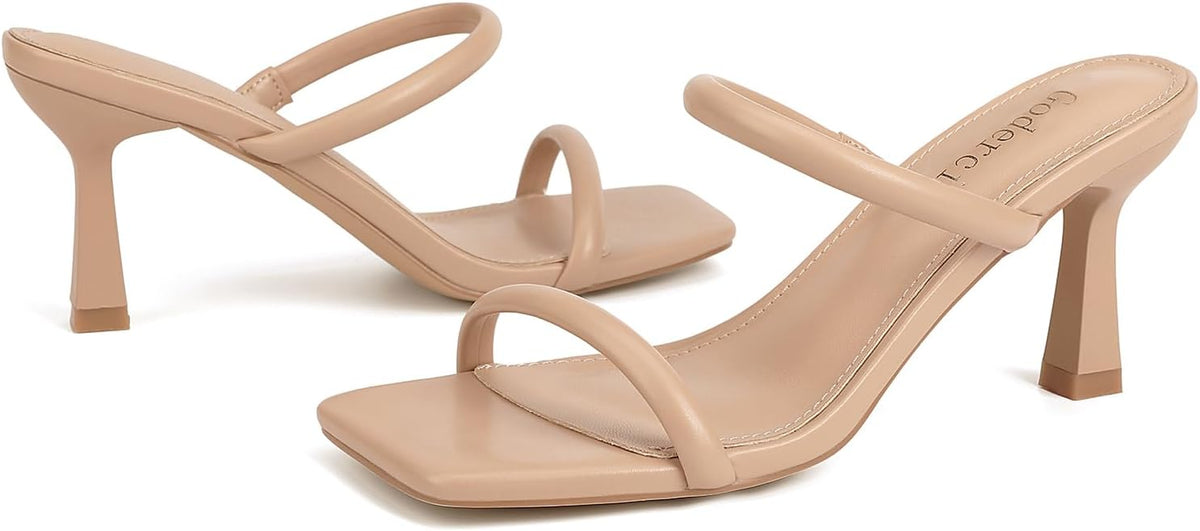 Goderci Kitten Heels for Women Two Strap Mules Mid Square Open Toe Slip On Heeled Sandals
