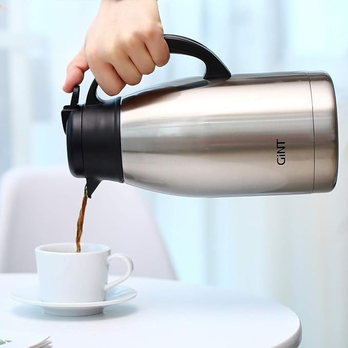 GiNT Stainless Steel Thermal Coffee Carafe, Double Walled Vacuum Water and Beverage Dispenser, 12 Hour Heat Retention, 65 OZ 1.9 Liter, Silver