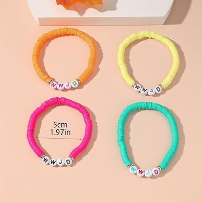 Fuqimanman2020 WWJD Surfer Heishi Bead Bracelets Set Colorful WWJD Beaded Stackable Stretch Bracelet for Women What Would Jesus Do Religious Jewelry Gift