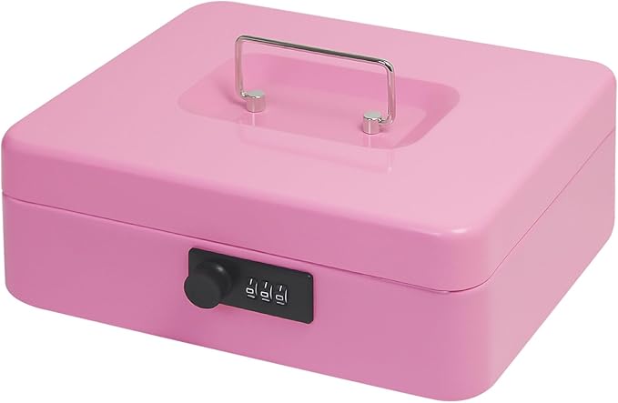 Secure Steel Cash Box with Combination Lock and Removable Tray – Metal Money Organizer for Home and Office Use (Pink - Large)