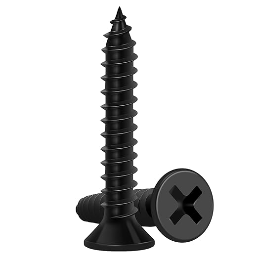 Wood Screws 1 Inch, 130 PCS FIXLINK Premium Flat Head Phillips Black Wood Screws, Self Tapping Electrophoresis Used in Indoor Furniture, Woodworking (8 x 1)