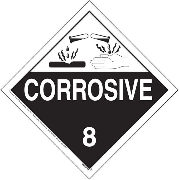 Class 8 Corrosive Placard, Worded, 10.75" x 10.75" Removable Self Adhesive Economy Vinyl for Short-Term Applications, DOT Hazmat Compliant, 25 Pack, J. J. Keller Associates, Inc.