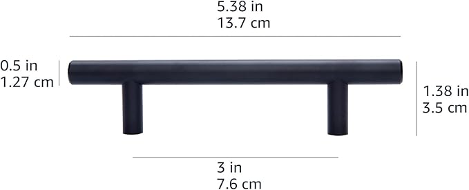 Basics Euro Bar Cabinet Handle (12-inch Diameter), 5.38 in Length (3 in Hole Center), Flat Black, Pack of 10, AB1500-FB-10