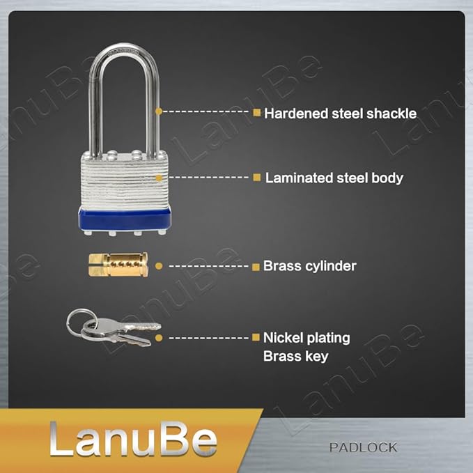 Laminated keyed Padlock (1-9/16", 40mm), keyed Alike Locks, Long Shackle,Marked Blue Plastic Hoop, Pack of 6...