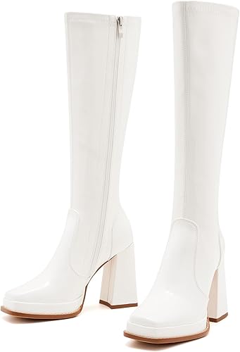 ZXHYZLZ Knee High Gogo Boots 70S For Women Wide Calf Long Tall Square Toe Chunky Boot Women