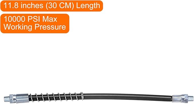 HARFINGTON Grease Gun Hose 11.8" 10000 PSI Spring Flex High Pressure Quick Release Grease Replacement with Coupler 18" NPT Threads for Grease Gun, Black