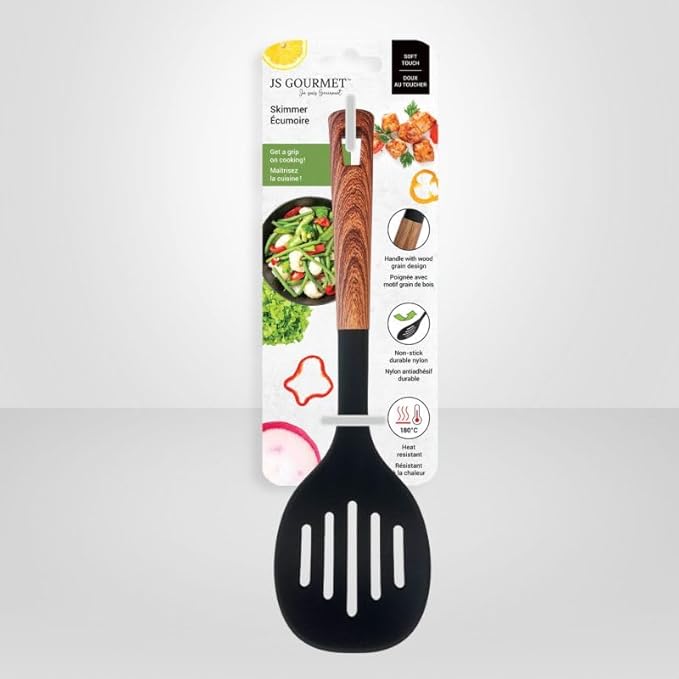 Soft Touch Nylon Skimmer with Wood Grain Handle and Hanging Hole, Heat Resistance, Non Stick Flexible Skimmer, for Blanching, Deep frying and Skimming Foods