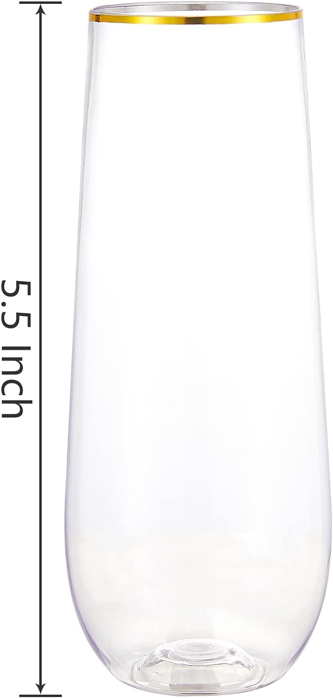 N9R 12 Pack Plastic Champagne Flutes, 9 oz Stemless Disposable Gold Rim Toasting Glasses, Crystal Clear Cocktail Cups Drinkware Shatterproof Ideal for Party Wedding Birthday