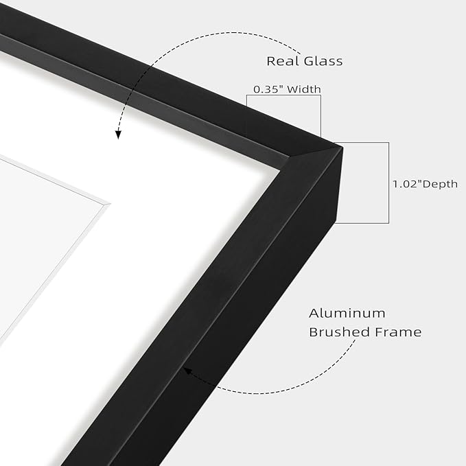 Frametory, 6x8 Aluminum Frames with Mats for 4x6 PicturesPhotos - Real Glass- PortraitLandscape - Horizontal and Vertical Formats for Wall and Table Mounting (Black, 2 Pack)