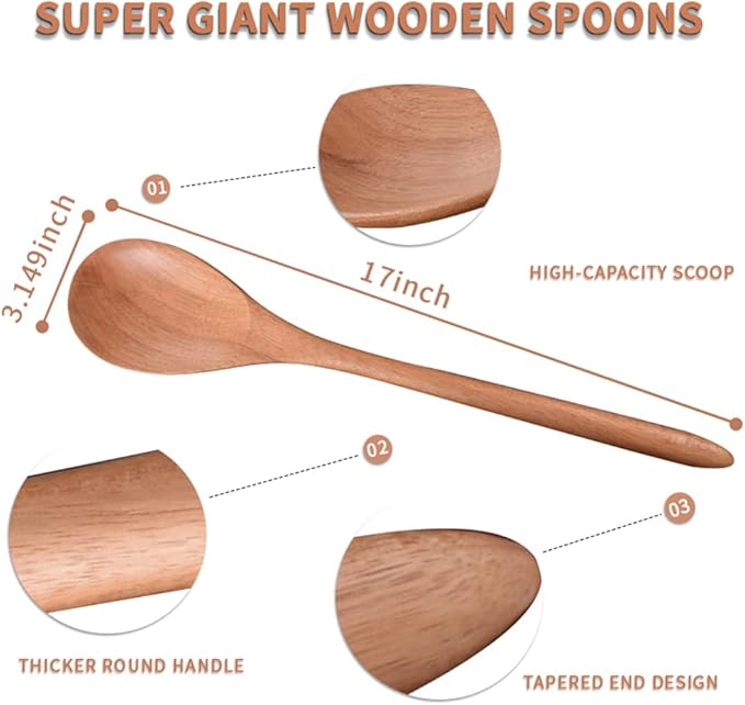 Big Wooden Spoon for Cooking, Large Wood Scoop Utensil, 17-inch Kitchen Serving Scoop for Big Pot, Long Handle Giant Spoon, Heavy Food Service Spoon, Mixing Spoon, Smooth Finish & Comfortable Grip