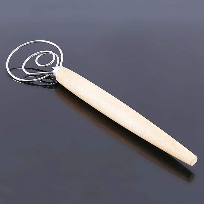 Danish Dough Whisk Bread Making Tools Stainless Steel Danish Dough Hook Bread Dough Mixer Hand Bread Dough Whisk for Pastry, Baking Cake, Dessert, Sourdough, Pizza, with Wooden Handle, 13 inch