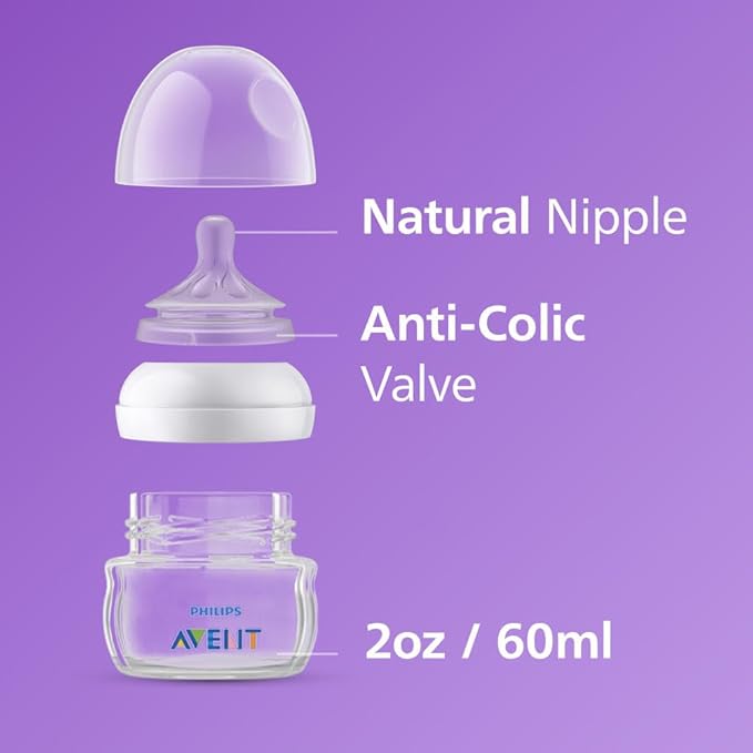 Philips Avent Natural Baby Bottles, with First Flow Nipple, 2OZ60ML, 2 Pack, SCF01925