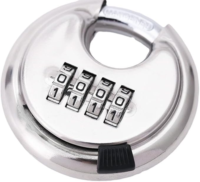4 Digit Combination Lock, Stainless Steel Disc Padlock with 3/8 Inch Hardened Steel Shackle, Heavy Duty Combo Lock Outdoor for Warehouse, Hasp Latch, Sheds, Fences, Storage Locker (1 Pack) (Silver)