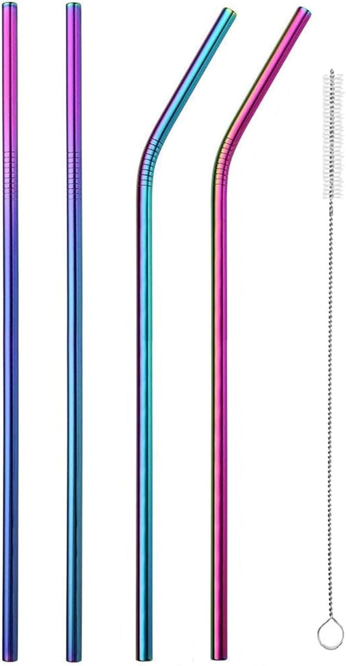VEHHE Metal Straw Stainless Steel Straws Drinking Reusable Straws 4 Set -10.5" Ultra Long Rainbow Color-Cleaning Brush for 2030 Oz for Yeti RTIC SIC Ozark Trail Tumblers (2 Straight2 Bent1 Brush)