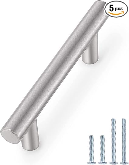 Probrico 5 Pack 5 Inch Cabinet Handles Brushed Nickel, Satinless Steel Cabinet Pulls for Kitchen Cupboard, T Bar Drawer Handles Dresser Pulls, 3 Inch Hole Centers, 5 Inch Length