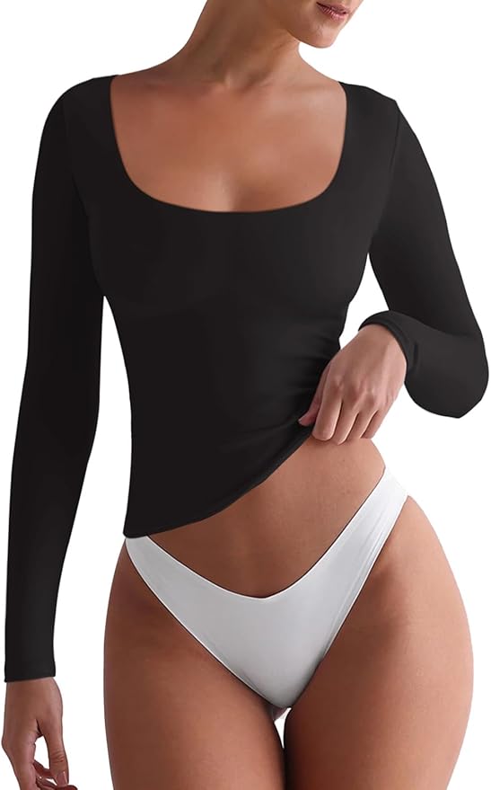 REORIA Womens Basic Square Neck Long Sleeve Shirts Double Lined Tops Tight Shirts Fall Outfits 2025