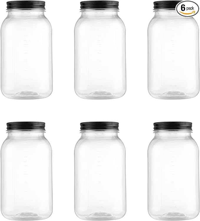 Novelinks 32 OZ Clear Plastic Mason Jars with Lids - Dishwasher Safe Plastic Mason Jars 32 OZ Plastic Jars with Lids for Kitchen Household Storage (6 Pack) (Black)