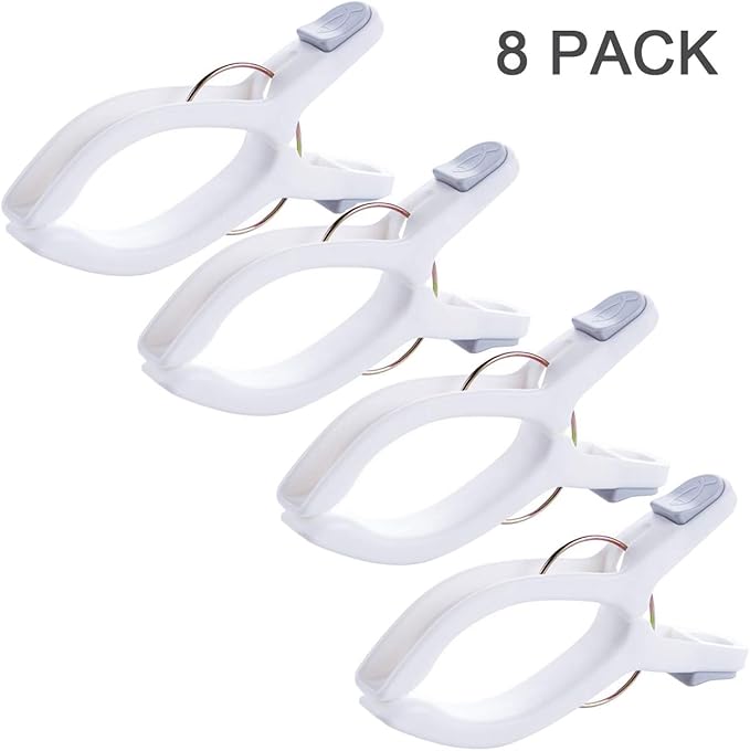 Pack of 8 beach towel clips for beach chairs, white jumbo size towel clips, pool chairs, plastic clothes hanging clips, clip clamps for