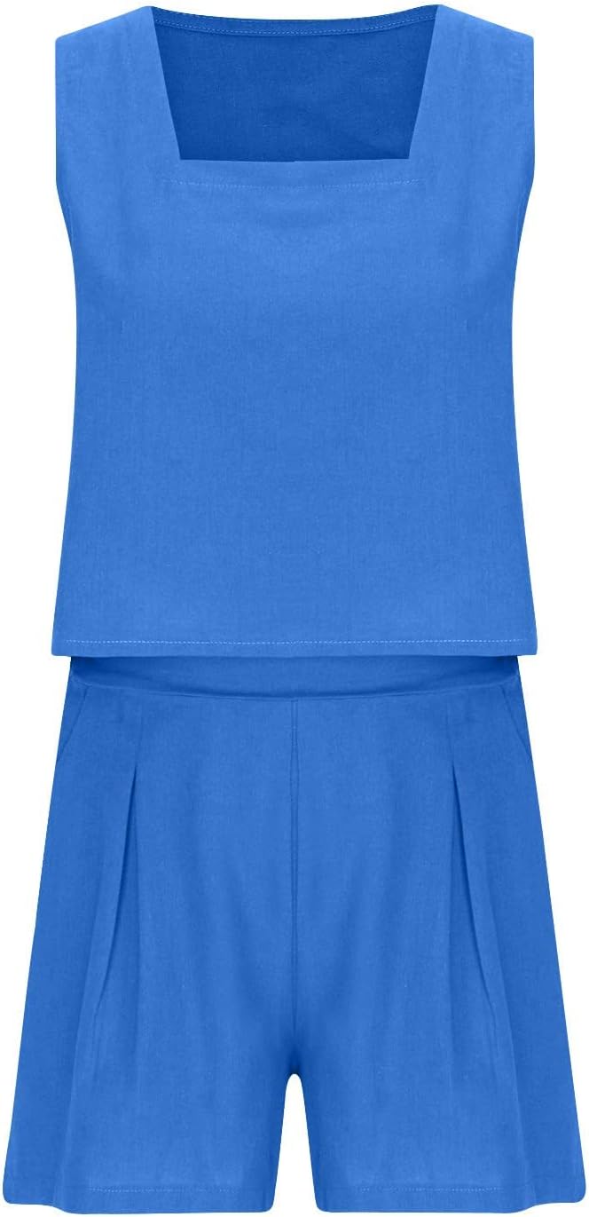 Womens 2 Piece Outfits Summer Linen Lounge Sets Loose Sleeveless Square Neck Tank Crop Tops and Wide Leg Shorts Set