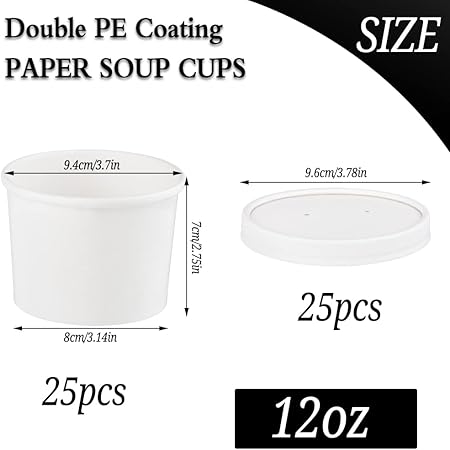 12 oz 25 Pack Paper Soup Bowls with Lids, Disposable Soup Cups, Ice Cream Containers, White Disposable Food Containers White for Hot or Cold Soup