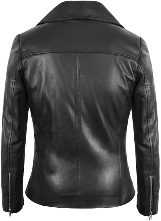 SpazeUp Women's Vintage Cafe Racer Leather Jacket - Black Biker Motorcycle Riding Jacket Women Leather Blazer