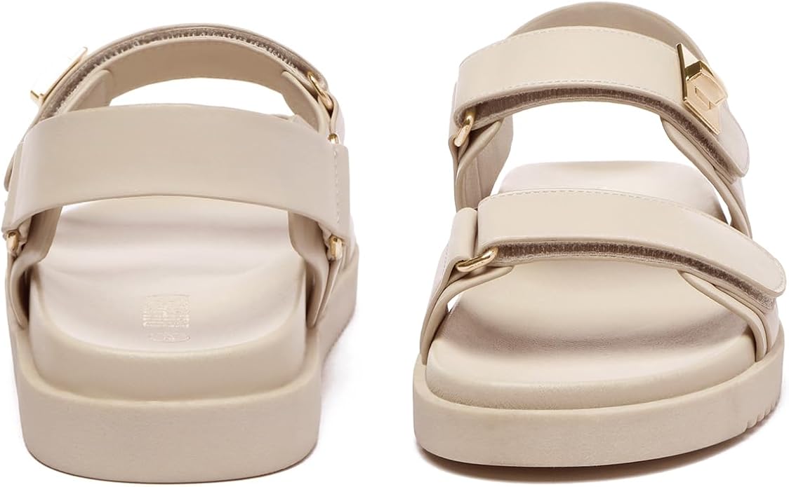 Rihero Women's Flat Sandals Comfort Adjustable Double Strap Slip on Leather Footbed Sandals