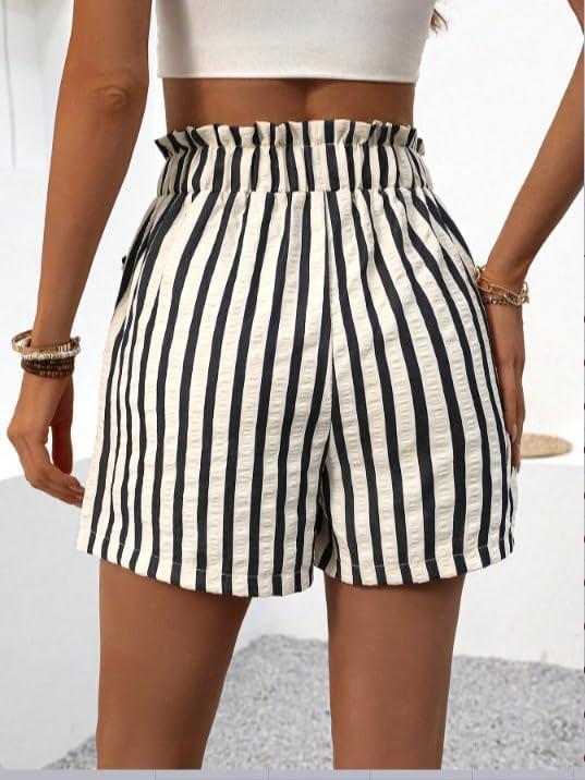 heyheyshine Striped Shorts for Women Elastic High Waisted Wide Leg Womens Shorts Dressy Casual Striped Shorts with Pockets