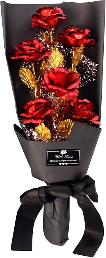 WOORI Gold Rose Bouquet, Gold-Plated Artificial Golden Foil Rose Gift