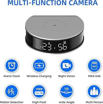 LIZVIE Charger with 15W Fast Wireless Charging, Smart Camera APP Control, Real-Time View 1080PHD,Motion Detection Night Vision, Screen Brightness Adjustment, Hidden Camera Alarm Clock
