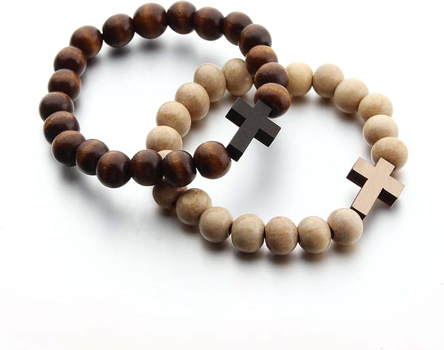 Wooden 10MM Beads Cross Bracelets Boho Handmade Natural Wood Religious Catholic Lightweight Stretch Bracelets for Men Women Ethnic Style Christian Faith Prayer Fashion Jewelry Gifts