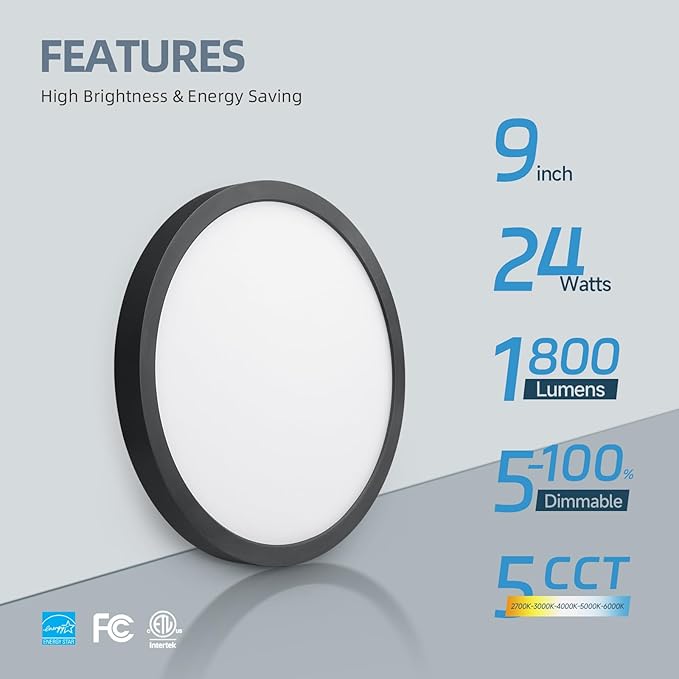 ECOELER Black Slim LED Ceiling Light, 9inch 5CCT Selectable Surface Mount Round Flat Panel Light, 24W 1800Lm, Close to Ceiling Light Fixtures for Kitchen, Bedroom, Laundry, 4 Pack