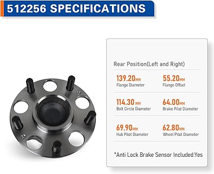 512256 Rear Wheel Bearing Hub Assembly Compatible with Acura CSX 2006-2010, Honda Civic EX, Si 2006-2011, 5Lugs