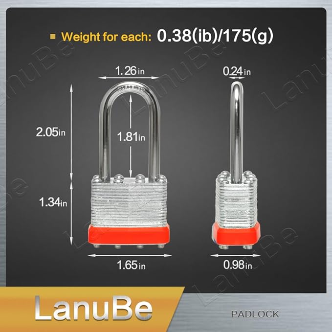 Lock Laminated keyed Padlock (1-9/16", 40mm), keyed Alike Locks, Long Shackle,Marked Orange Plastic Hoop, Pack of 2