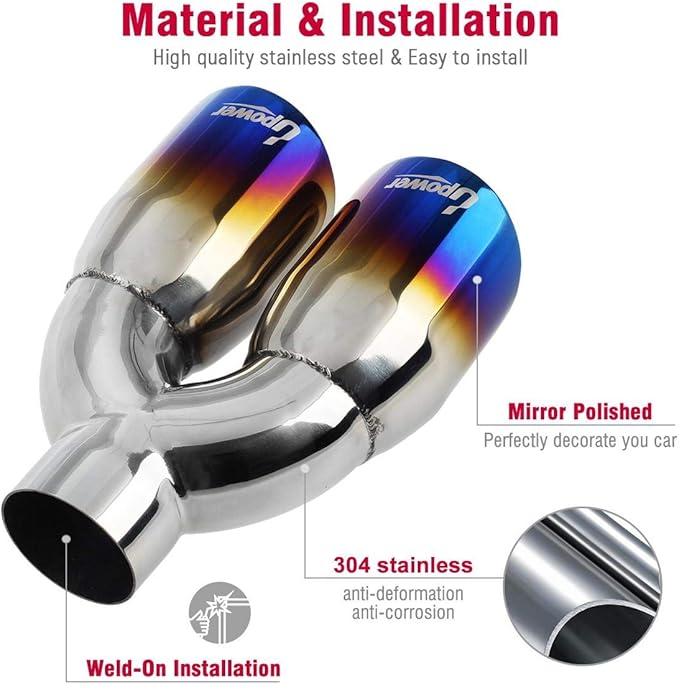 Upower Dual Exhaust Tips 2.5" Inch Inlet 3.5" Outlet 9.5" Length Vacuum Plating Blue Polished 304 Stainless Steel 1.2mm Thickness Double Wall Slant 2.5" to 3.5" Exhaust Tailpipe