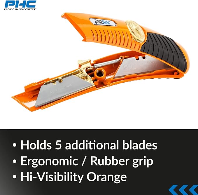 Pacific Handy Cutter QBS20 Quickblade Spring Back Utility Knife, Industrial Knife with Self-Retracting Blade Functionality, Safety Point Blade, for Boxes, Tape, Paper, Plastic Straps and much more