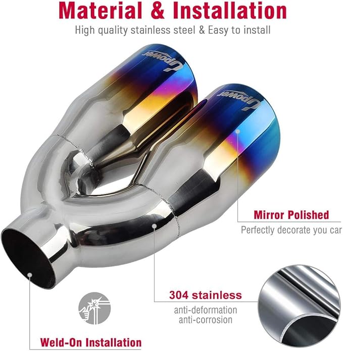 Upower 2.5 Inch Inlet 3.5 Inch Outlet Dual Exhaust Tips Tailpipe 2.5" to 3.5" 9.75" Length 304 Stainless Steel Polished Vacuum Plating Blue 1.2mm Thickness Weld On Tail Pipe(Single Wall,Rolled Edge)