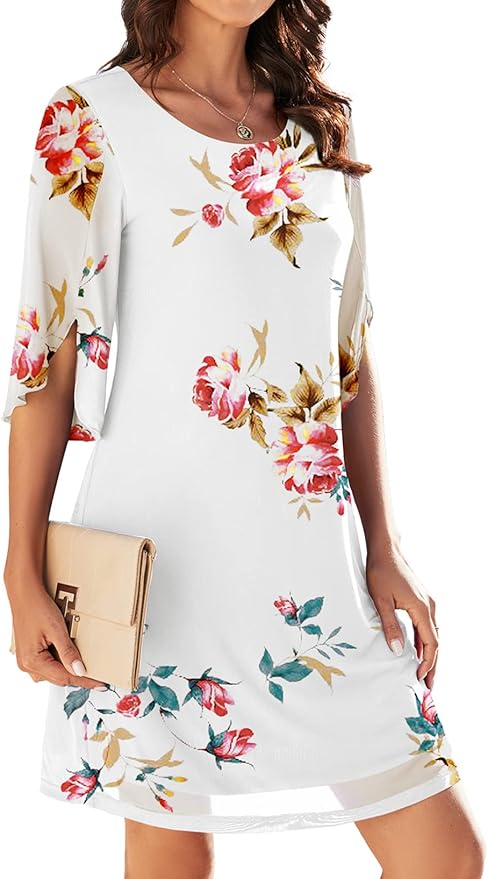 Women's Casual Loose 3/4 Sleeve Stretch Mesh Wedding Guest Dress Scoop Neck Cocktail Party Formal Dresses
