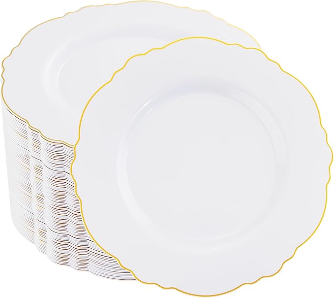 WDF 60pcs Gold Dessert Plates-7.5inch Baroque Gold Plastic Plates/White And Gold Disposable Dessert/Salad Plastic Plates for Upscale Parties &Wedding